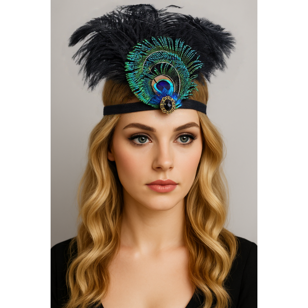 Adult 1920s peacock feather flapper headband with iridescent green plumes and gem brooch