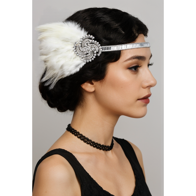 Adult 1920s white feather flapper headband with rhinestone centerpiece on silver band Adult 1920s white feather flapper headband with rhinestone centerpiece on silver band