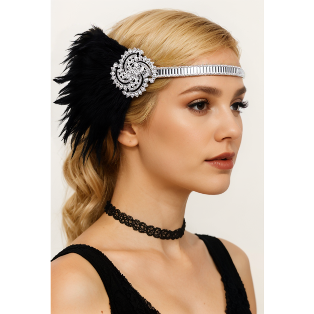 Black feather flapper headband with Art Deco rhinestone brooch and elastic band