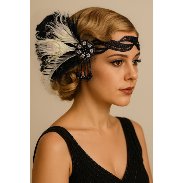Adult 1920s flapper headband with black and ivory feather plumes and rhinestone brooch Adult 1920s flapper headband with black and ivory feather plumes and rhinestone brooch