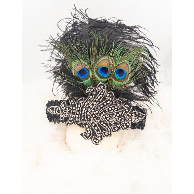 Gatsby era peacock eye feather headpiece showing iridescent blue ocelli and bronze detailing on black ostrich plume base Gatsby era peacock eye feather headpiece showing iridescent blue ocelli and bronze detailing on black ostrich plume base