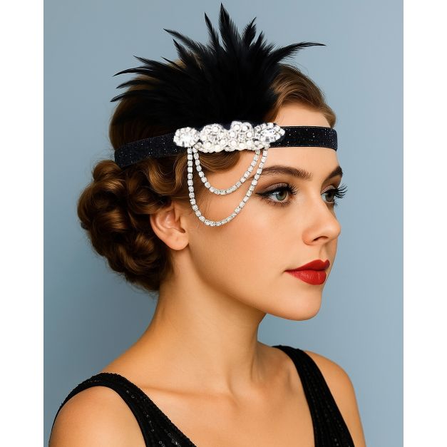 Black feather flapper headband with rhinestone and pearl cluster and draped crystal chains
