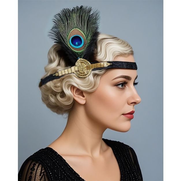 1920s gatsby peacock feather headband with gold beaded medallion on black velvet elastic band 1920s gatsby peacock feather headband with gold beaded medallion on black velvet elastic band