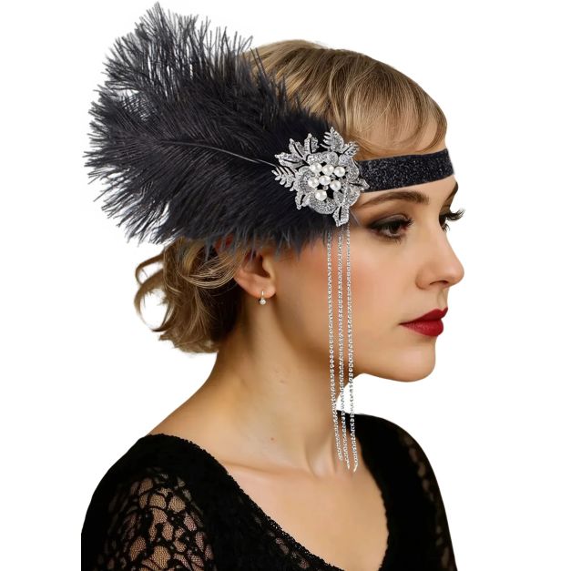 Black feather flapper headband with rhinestone brooch and pearl chains on model