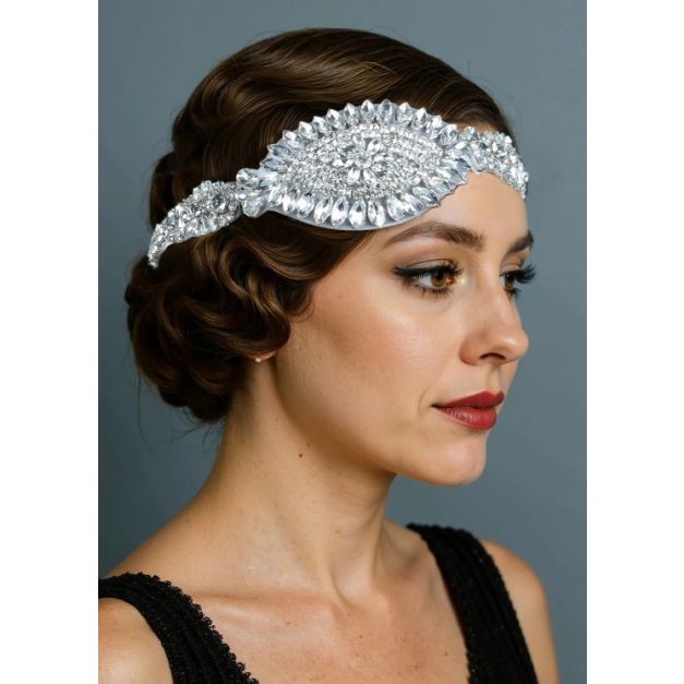 Adult 1920s Gatsby headband with silver crystal leaf centerpiece and Art Deco marquise stones Adult 1920s Gatsby headband with silver crystal leaf centerpiece and Art Deco marquise stones