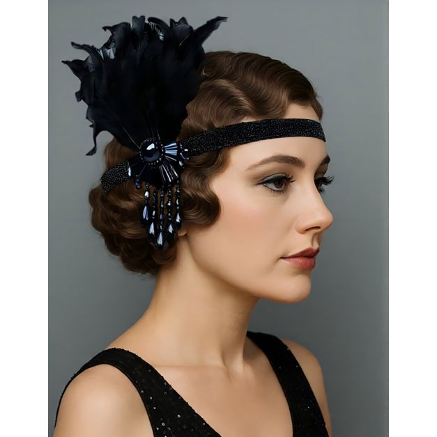 Adult 1920s black feather flapper headband with navy crystal Art Deco brooch and beaded fringe Adult 1920s black feather flapper headband with navy crystal Art Deco brooch and beaded fringe