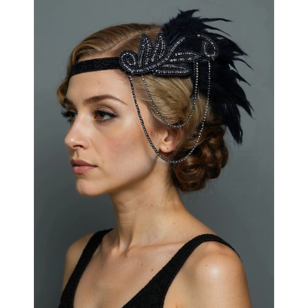 Black 1920s flapper headband with Art Deco beaded appliqué and black feather plume Black 1920s flapper headband with Art Deco beaded appliqué and black feather plume