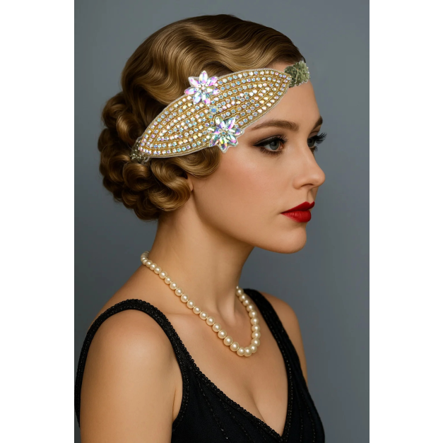 Gold rhinestone flapper headpiece with iridescent AB crystal flowers on white background Gold rhinestone flapper headpiece with iridescent AB crystal flowers on white background