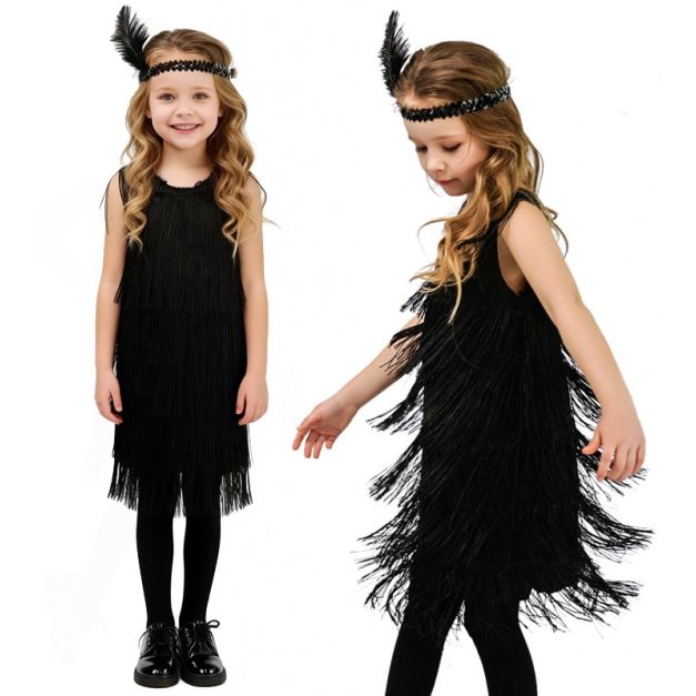 Girls black flapper dress with cascading fringe tiers and feather headband for 1920s costume parties Girls black flapper dress with cascading fringe tiers and feather headband for 1920s costume parties
