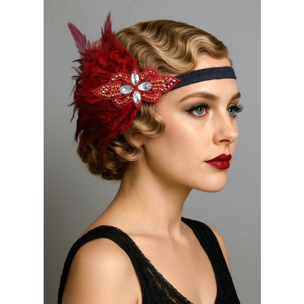Adult 1920s flapper headband with red feather cluster and crystal beaded appliqué on black elastic band Adult 1920s flapper headband with red feather cluster and crystal beaded appliqué on black elastic band