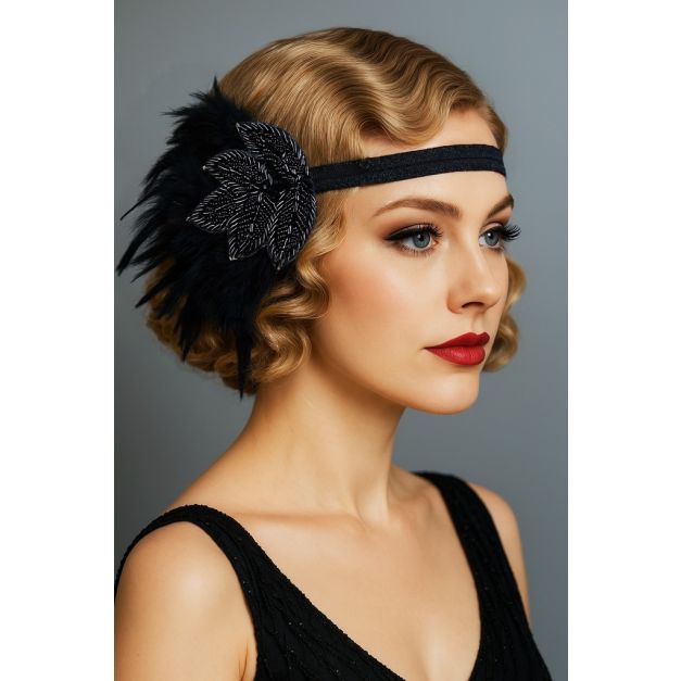 Black Gatsby headband with beaded Art Deco leaf and tall black feathers Black Gatsby headband with beaded Art Deco leaf and tall black feathers