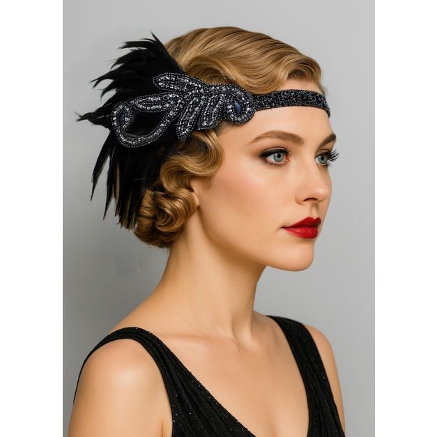 Black 1920s flapper headband with Art Deco beading and feather plume Black 1920s flapper headband with Art Deco beading and feather plume