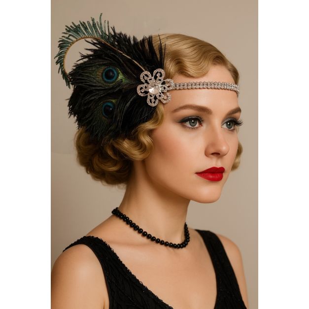 Adult 1920s flapper headband with peacock eye feathers and crystal brooch on elastic band Adult 1920s flapper headband with peacock eye feathers and crystal brooch on elastic band