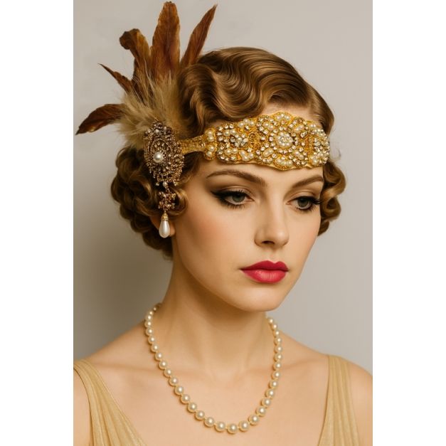 Gold 1920s feather headpiece with rhinestone Art Deco band and pearl drop pendant Gold 1920s feather headpiece with rhinestone Art Deco band and pearl drop pendant