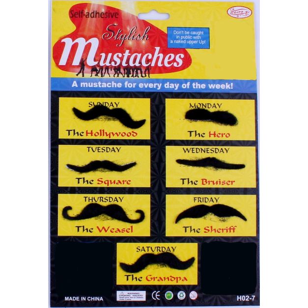 Complete set showing Hollywood, Hero, Square, Bruiser, Weasel, Sheriff and Grandpa moustache styles Complete set showing Hollywood, Hero, Square, Bruiser, Weasel, Sheriff and Grandpa moustache styles