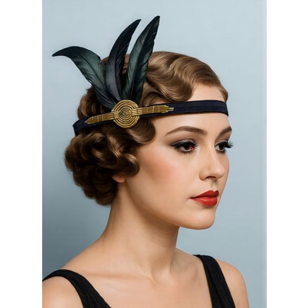 Adult 1920s flapper headband with gold Art Deco beaded medallion and black feathers on elastic band Adult 1920s flapper headband with gold Art Deco beaded medallion and black feathers on elastic band