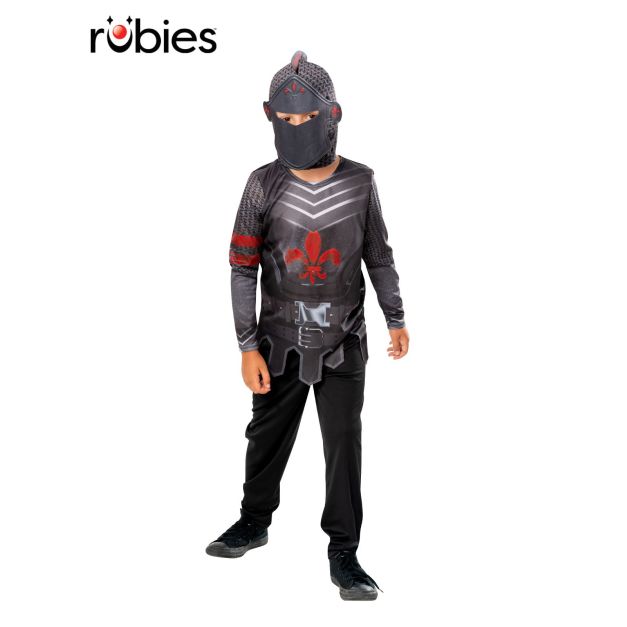 Kids medieval black knight costume with hooded mask and digitally printed armour Kids medieval black knight costume with hooded mask and digitally printed armour