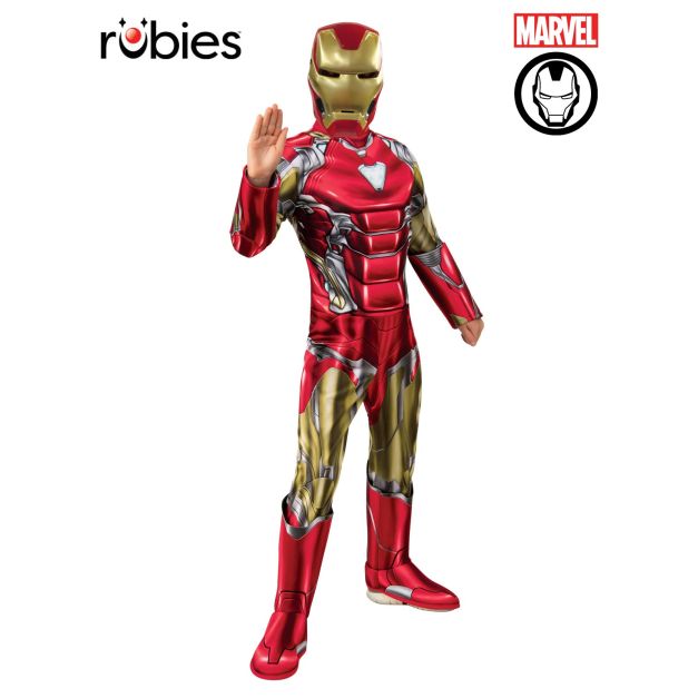 Kids Iron Man costume full body front view with metallic red gold armour print Kids Iron Man costume full body front view with metallic red gold armour print