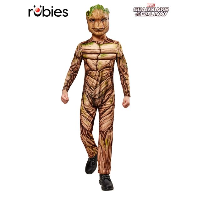 Kids Groot costume full body view with moulded tree mask and wood grain jumpsuit Kids Groot costume full body view with moulded tree mask and wood grain jumpsuit