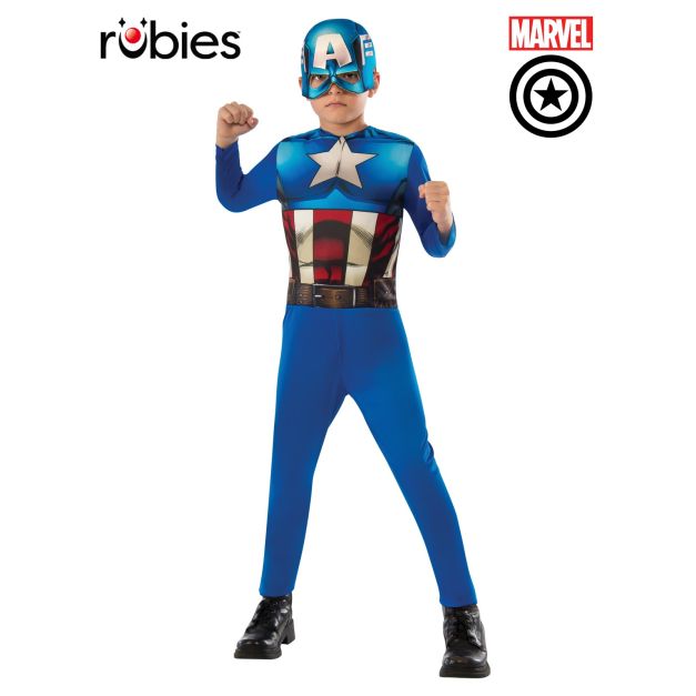 Child wearing Marvel Captain America costume with star emblem jumpsuit and sculpted mask Child wearing Marvel Captain America costume with star emblem jumpsuit and sculpted mask
