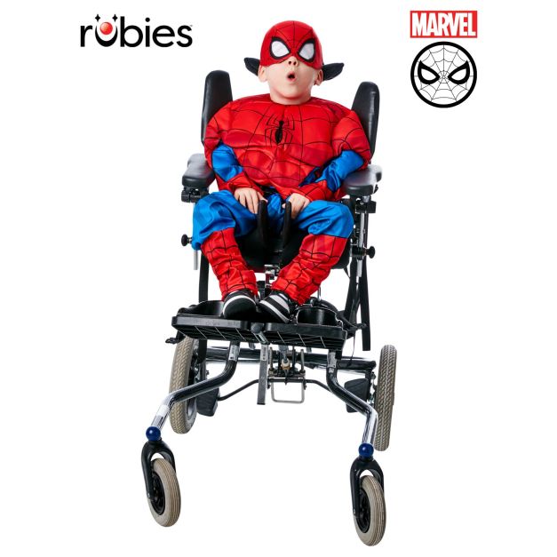 Child's adaptive Spider-Man costume with padded muscle top and wheelchair-accessible openings Child's adaptive Spider-Man costume with padded muscle top and wheelchair-accessible openings