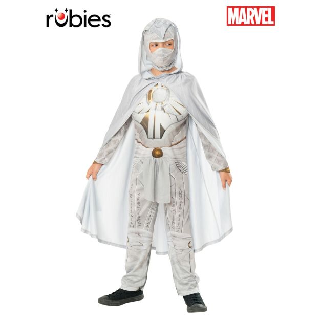 Kids Moon Knight deluxe costume with white cape and gold hieroglyphic details Kids Moon Knight deluxe costume with white cape and gold hieroglyphic details