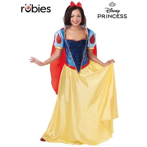 Adult Snow White deluxe costume dress with royal blue bodice, yellow skirt and red cape Adult Snow White deluxe costume dress with royal blue bodice, yellow skirt and red cape