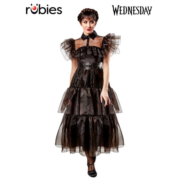 Adult Wednesday Addams black Gothic gown with tiered tulle skirt and sheer mesh yoke - front view Adult Wednesday Addams black Gothic gown with tiered tulle skirt and sheer mesh yoke - front view
