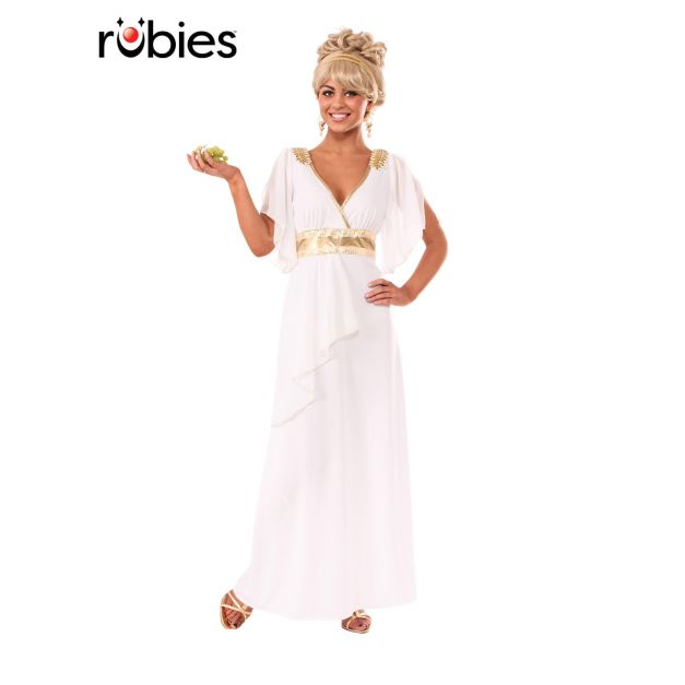 Adult white Roman goddess costume dress with gold Greek key belt and V-neckline Adult white Roman goddess costume dress with gold Greek key belt and V-neckline