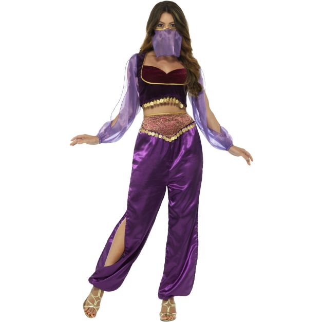 Women's Arabian Princess costume with purple satin harem pants, burgundy velvet bodice and sheer lavender veil