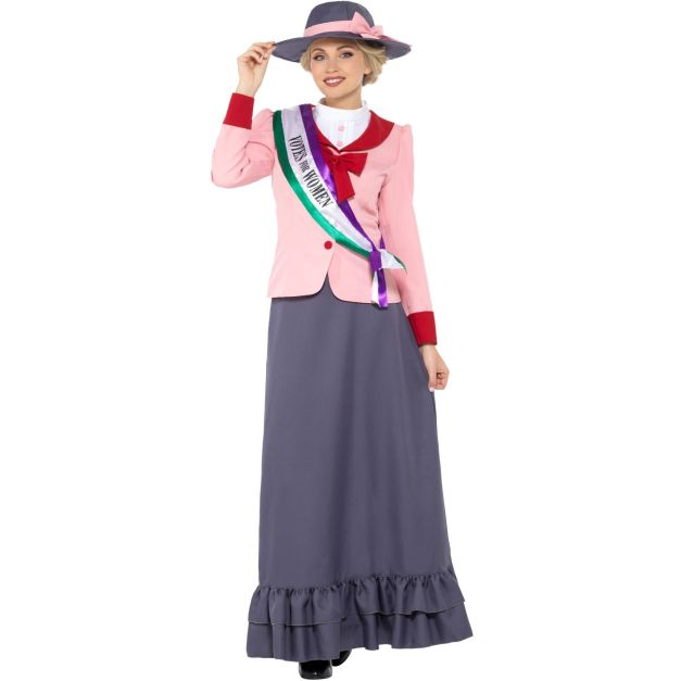 Adult Victorian Suffragette costume with pink jacket, grey dress, wide-brim hat and Votes For Women sash Adult Victorian Suffragette costume with pink jacket, grey dress, wide-brim hat and Votes For Women sash