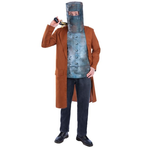 Adult Ned Kelly bushranger costume with rust-brown colonial jacket and metallic armor vest Adult Ned Kelly bushranger costume with rust-brown colonial jacket and metallic armor vest