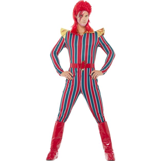 Adult Ziggy Stardust glam rock costume - striped jumpsuit with gold wing shoulders and red belt Adult Ziggy Stardust glam rock costume - striped jumpsuit with gold wing shoulders and red belt
