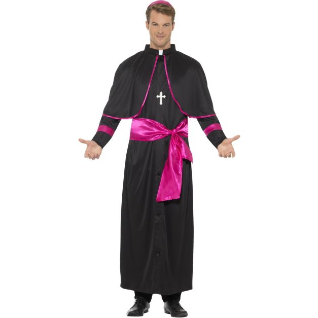 Adult cardinal costume with black cassock and fuchsia trim displayed on male model Adult cardinal costume with black cassock and fuchsia trim displayed on male model