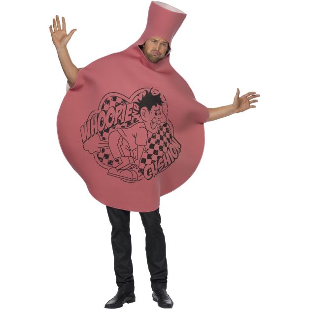 Adult whoopee cushion costume - oversized pink novelty tunic with printed graphic Adult whoopee cushion costume - oversized pink novelty tunic with printed graphic