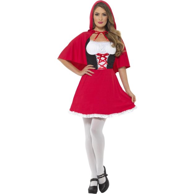 Adult Little Red Riding Hood costume with off-shoulder dress and hooded red cape Adult Little Red Riding Hood costume with off-shoulder dress and hooded red cape