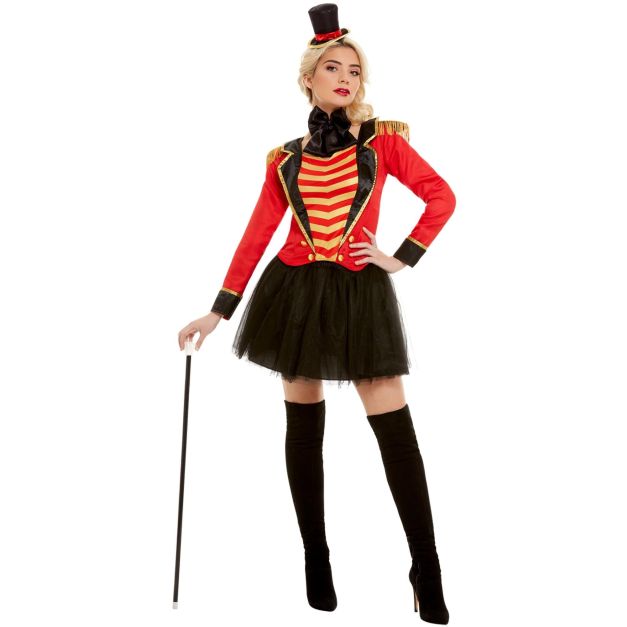 Women's deluxe ringmaster costume with red tailcoat jacket, black tutu and mini top hat Women's deluxe ringmaster costume with red tailcoat jacket, black tutu and mini top hat