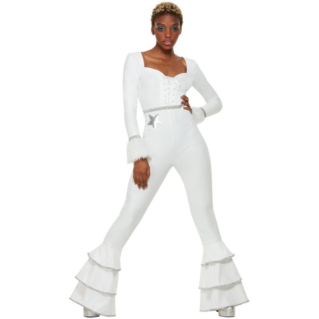 Adult 70s disco jumpsuit in white with silver glitter trim and three-tier bell-bottom flares Adult 70s disco jumpsuit in white with silver glitter trim and three-tier bell-bottom flares