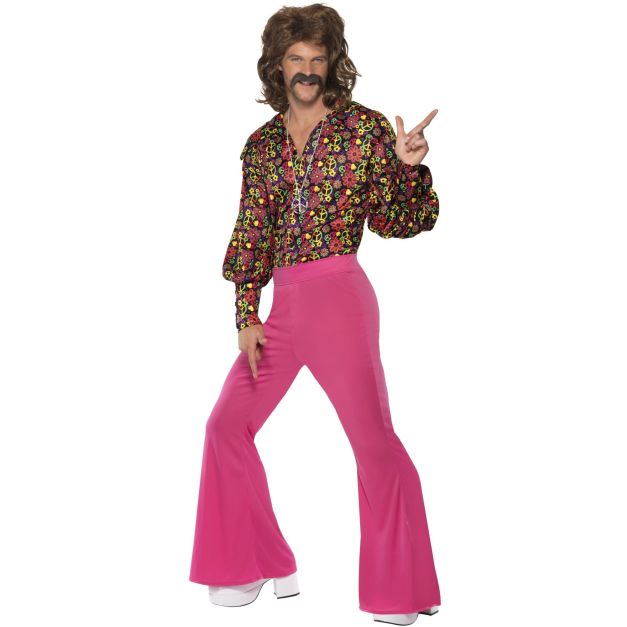Men's 60s 70s disco costume with psychedelic peace sign shirt and hot pink bell-bottom flares Men's 60s 70s disco costume with psychedelic peace sign shirt and hot pink bell-bottom flares