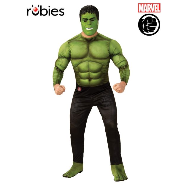 Adult Deluxe Hulk Costume front view with muscle jumpsuit and mask Adult Deluxe Hulk Costume front view with muscle jumpsuit and mask