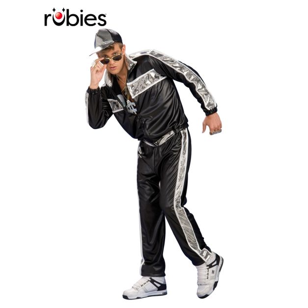 Adult 90s hip hop tracksuit costume with black and silver metallic stripes Adult 90s hip hop tracksuit costume with black and silver metallic stripes