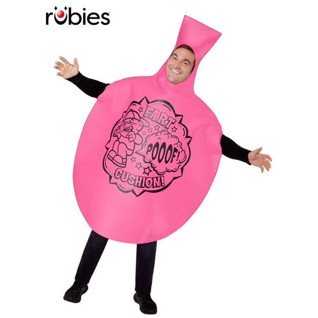 Adult whoopie cushion costume front view showing oversized pink tunic with FART comic graphic Adult whoopie cushion costume front view showing oversized pink tunic with FART comic graphic