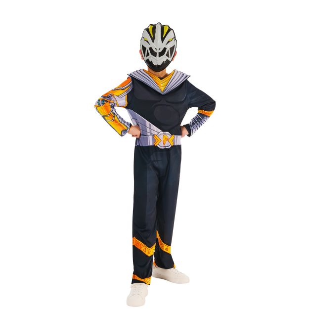 Child wearing Power Rangers Cosmic Fury Black Ranger costume with muscle chest and mask Child wearing Power Rangers Cosmic Fury Black Ranger costume with muscle chest and mask
