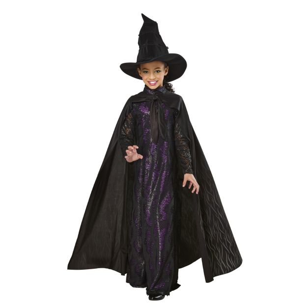 Girls Wicked Elphaba witch costume with black lace dress, purple sequined under-layer, and dramatic cape Girls Wicked Elphaba witch costume with black lace dress, purple sequined under-layer, and dramatic cape