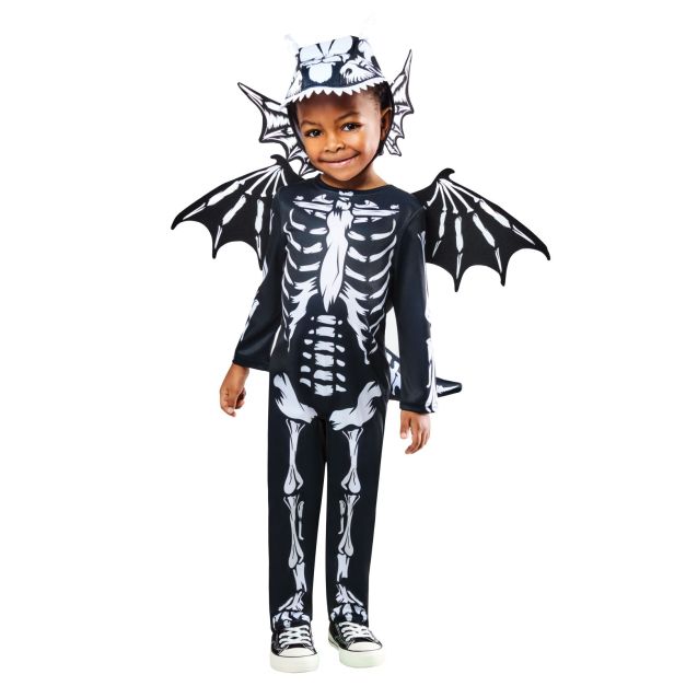 Kids skeleton dragon costume with black jumpsuit and white bone print, 3D wings and skull hood Kids skeleton dragon costume with black jumpsuit and white bone print, 3D wings and skull hood