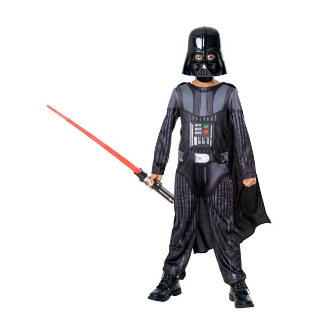 Kids Darth Vader costume with black jumpsuit and printed chest armour panel Kids Darth Vader costume with black jumpsuit and printed chest armour panel