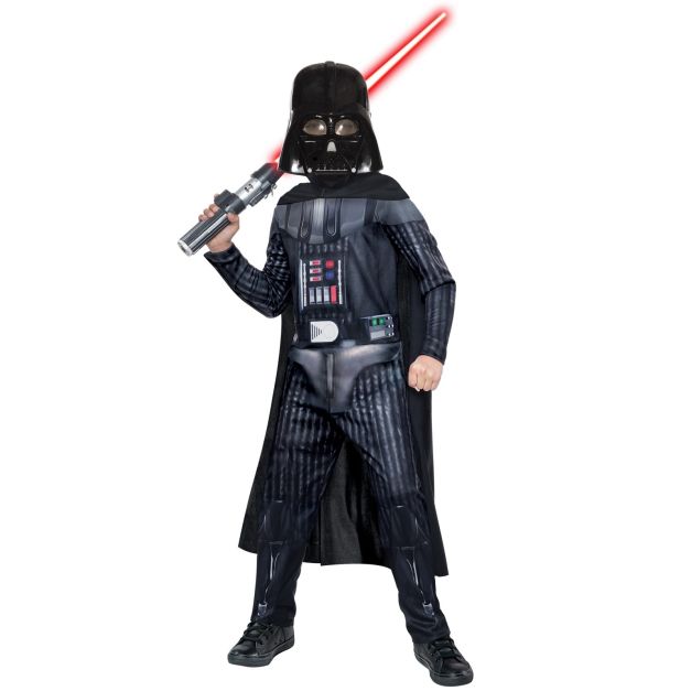 Kids Darth Vader costume showing black jumpsuit with printed armor and chest control panel Kids Darth Vader costume showing black jumpsuit with printed armor and chest control panel