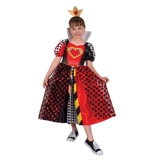 Girls Queen of Hearts deluxe costume dress with digitally printed bodice and foam crown headpiece Girls Queen of Hearts deluxe costume dress with digitally printed bodice and foam crown headpiece