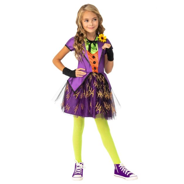 Girls Joker tutu costume with purple glitter skirt and orange vest bodice Girls Joker tutu costume with purple glitter skirt and orange vest bodice