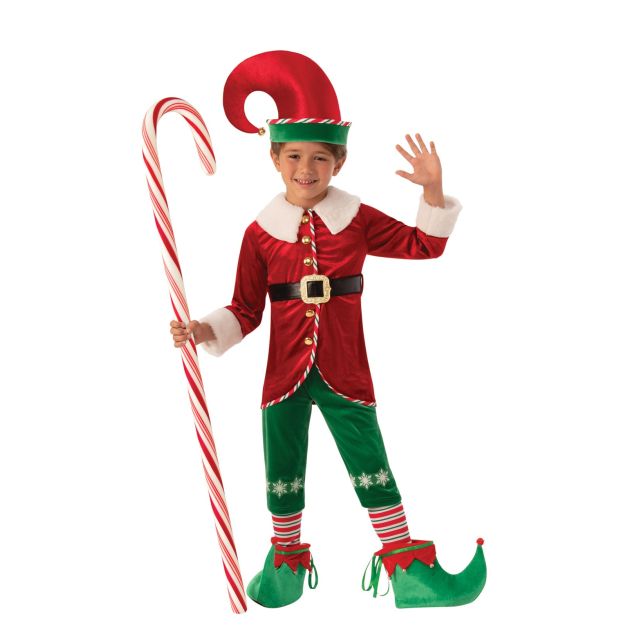 Kids Christmas elf costume with red-green tunic, curled hat and striped socks Kids Christmas elf costume with red-green tunic, curled hat and striped socks